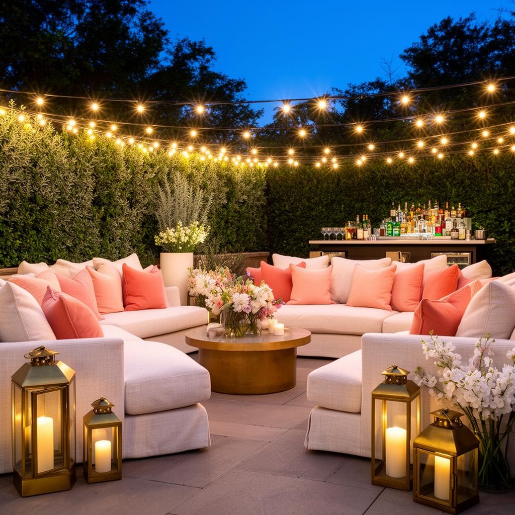 Outdoor lounge with string lights and coral pillows